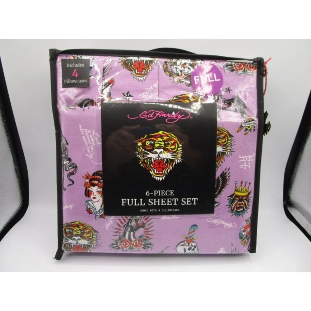 Ed Hardy Full Sheet Set 6 Piece Purple Tattoo Print Skulls Snakes